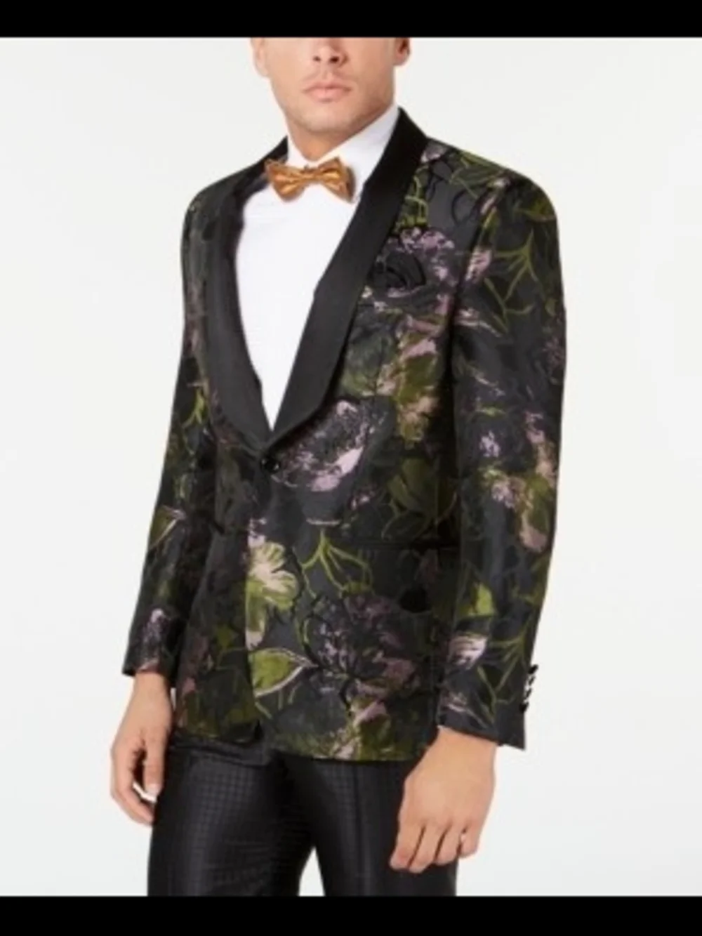 TALLIA Black Floral Jacquard Tuxedo Jacket with Satin Shawl Lapel